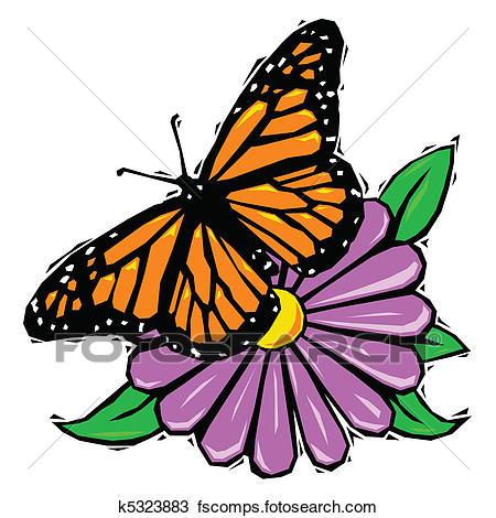 450x470 Clipart Of Woodcut Butterfly On Flower K5323883