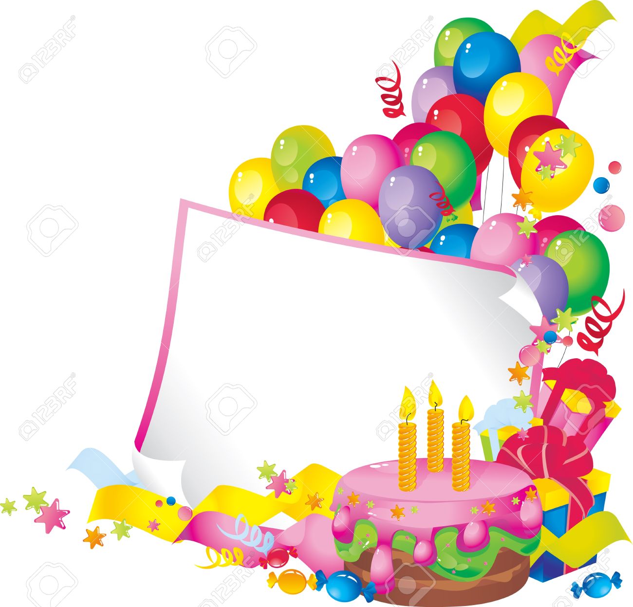 1300x1247 Bright Holiday Composition Of Cake, Balloons, Gift Boxes, Confetti