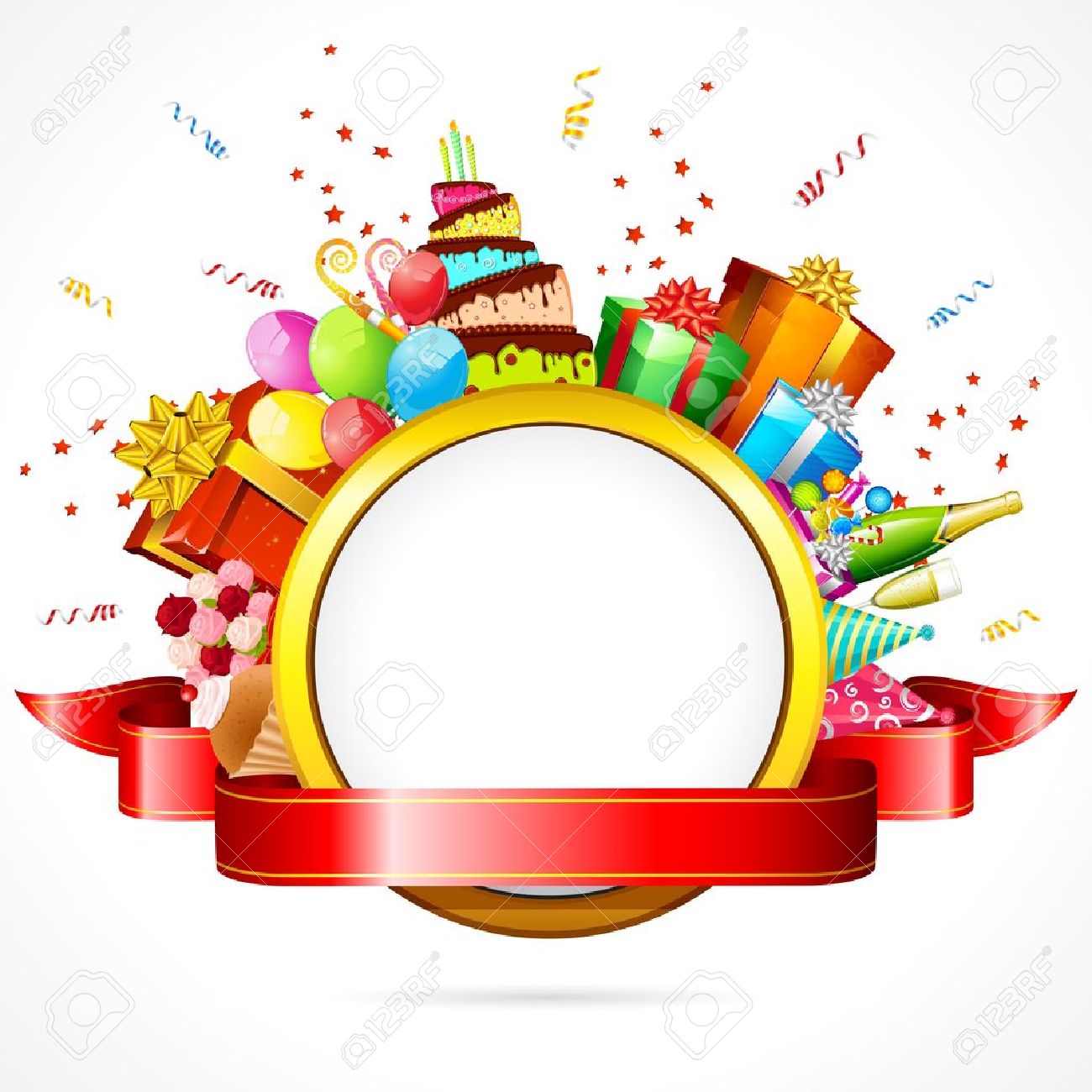 1300x1300 Illustration Of Celebration Card With Cake,balloon And Gift Boxes