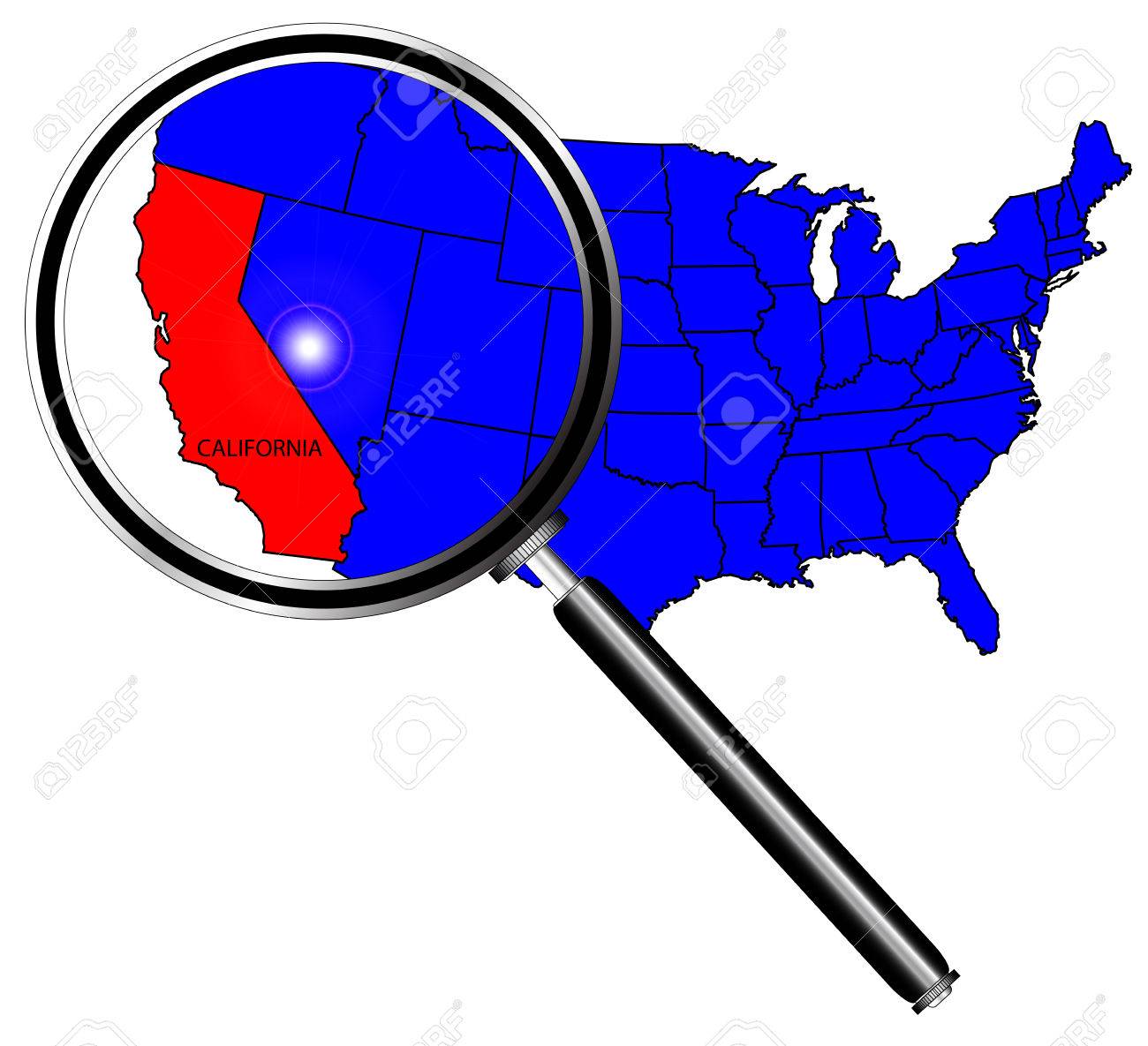 1300x1185 California State Outline And Icon Inset Under A Magnifying Glass