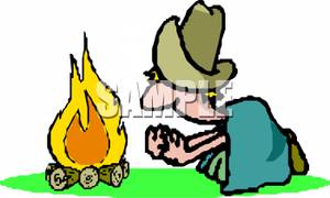 300x180 Art Image A Cowboy Under A Blanket Warming His Hands On A Campfire