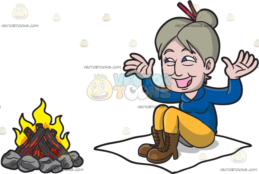 1024x687 A Happy Elderly Female Sitting Beside A Campfire Cartoon Clipart