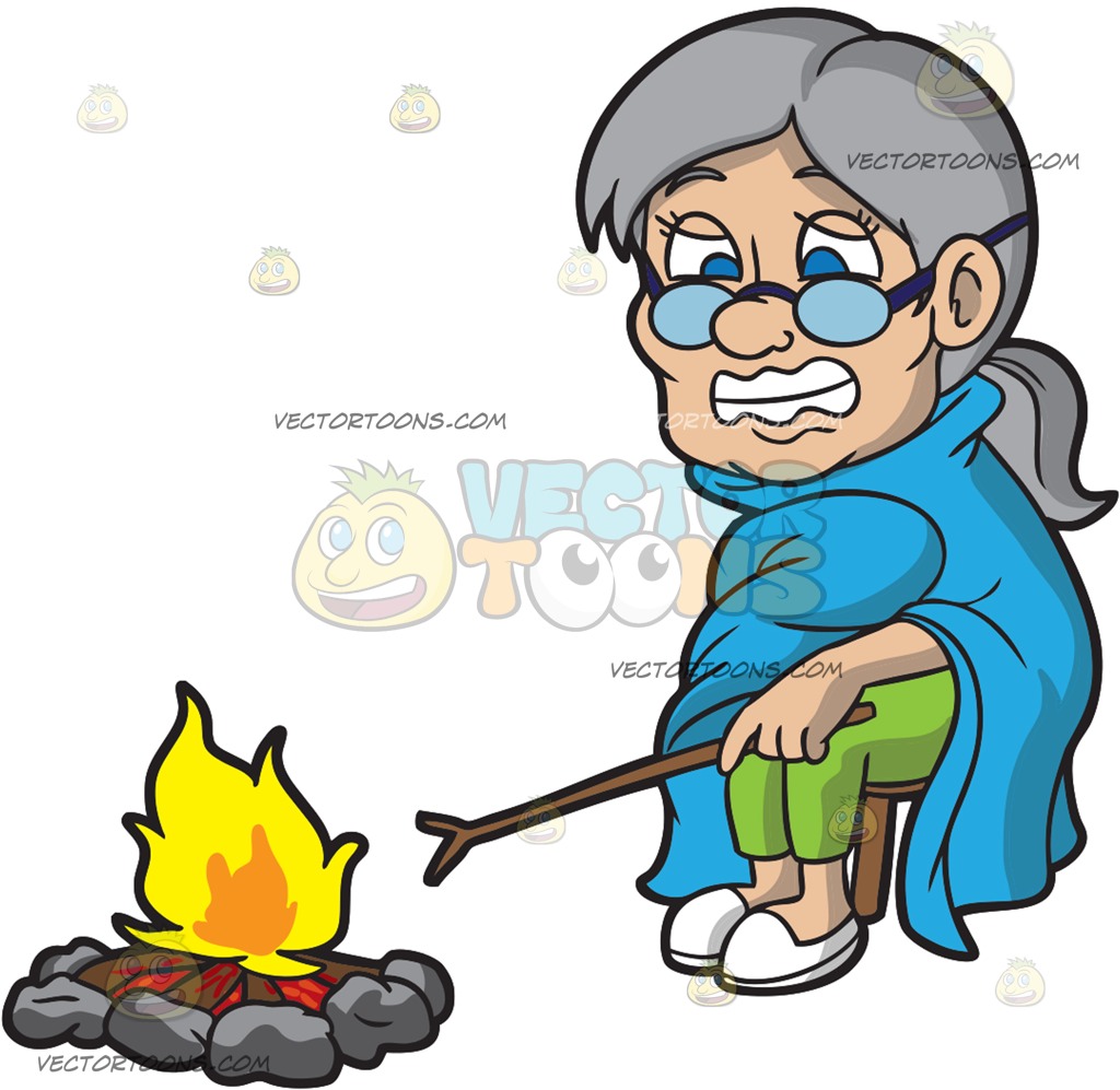 1024x997 A Shivering Old Woman Sitting Beside A Campfire Cartoon Clipart
