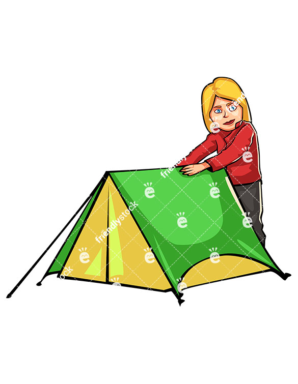 585x755 Woman Preparing Tent While Camping Outdoors Cartoon Clipart