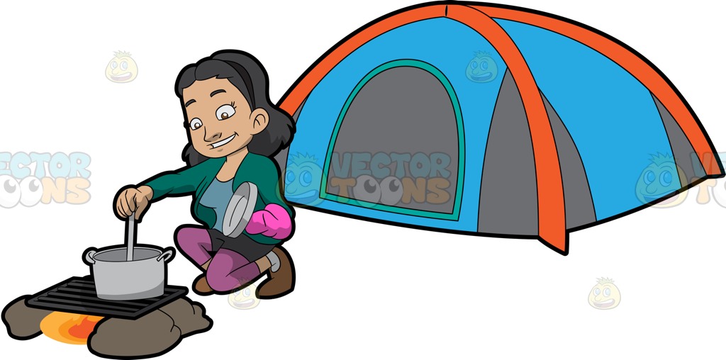 1024x508 A Female Camper Cooking Her Food Cartoon Clipart