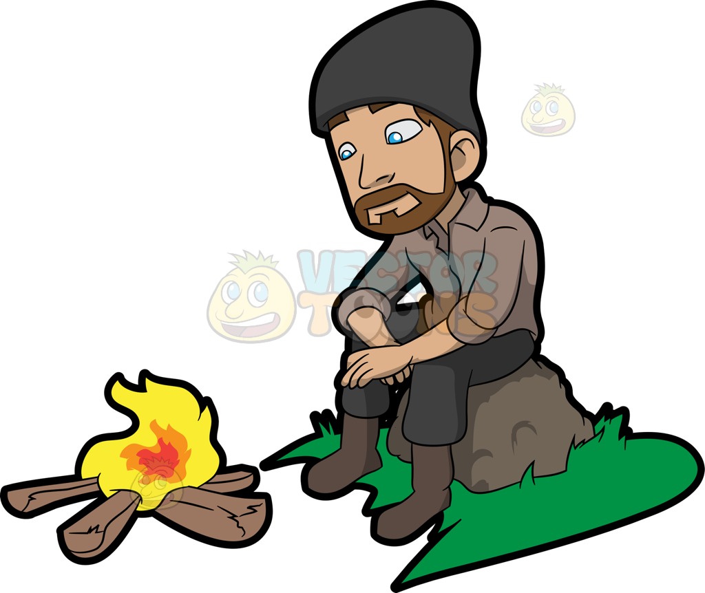 1024x862 A Man Getting Warmed Up In Front Of The Camp Fire Cartoon Clipart
