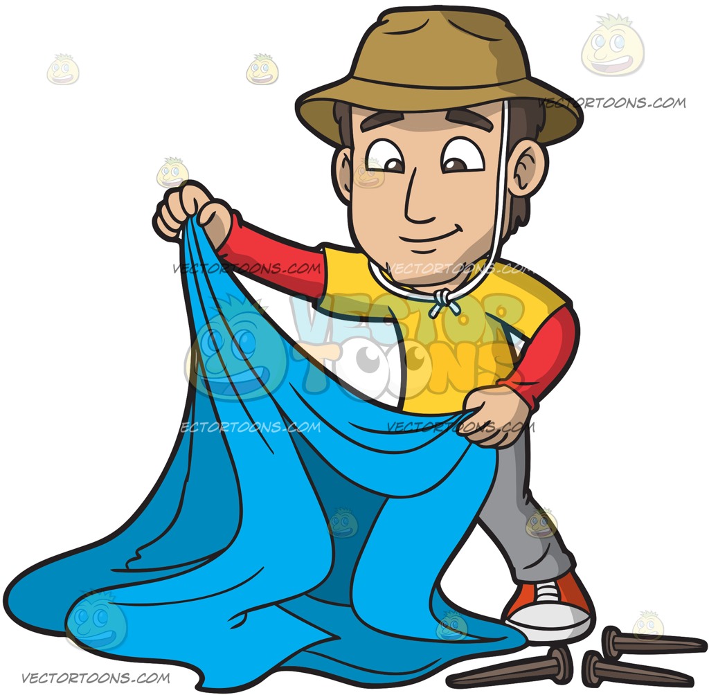 1024x1004 A Man Assembling His Camping Tent Cartoon Clipart