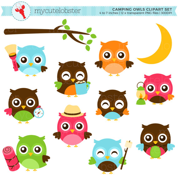 570x570 Camping Owls Clipart Set