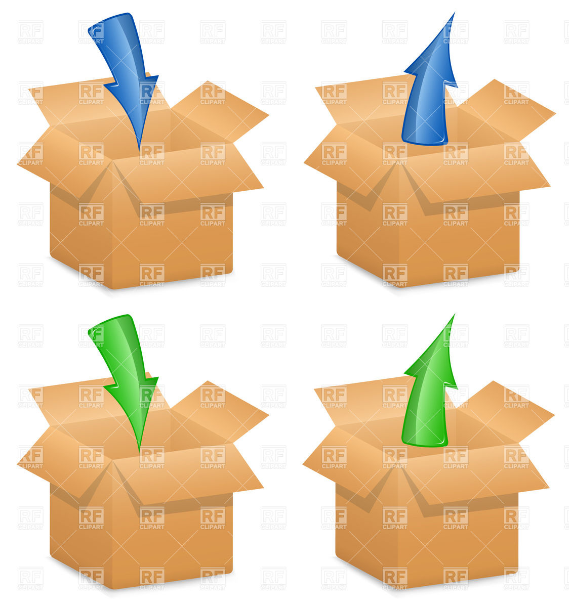 1124x1200 Open Cardboard Boxes With Directional Arrows Royalty Free Vector