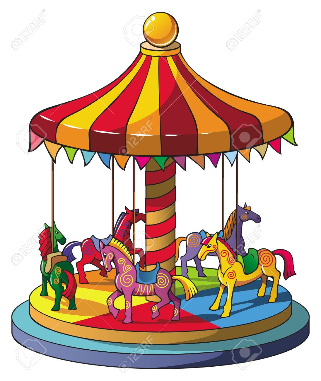 1096x1300 Children Carousel With Colorful Horses, Merry Go Round, Vector