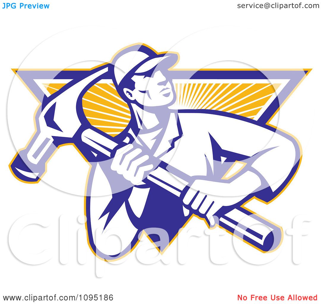 1080x1024 Clipart Retro Carpenter Carrying A Large Hammer Over A Ray
