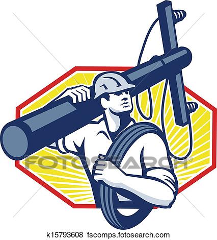 426x470 Clip Art Of Power Lineman Repairman Carry Electric Pole K15793608