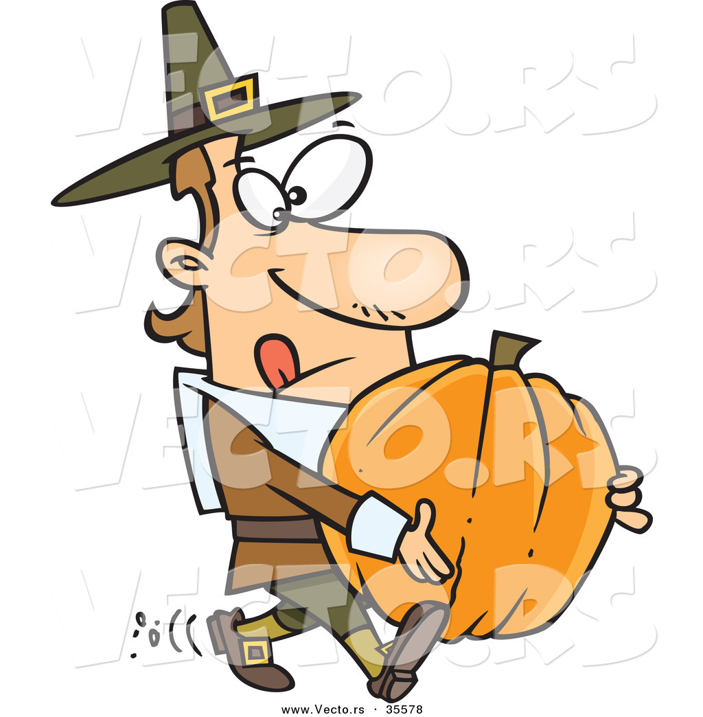 1024x1044 Vector Of A Cartoon Pilgrim Man Trying To Carry A Heavy Pumpkin By