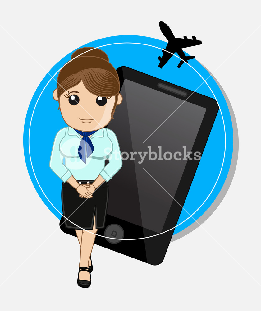 840x1000 Cartoon Airhostess Presenting Mobile For Airline Information