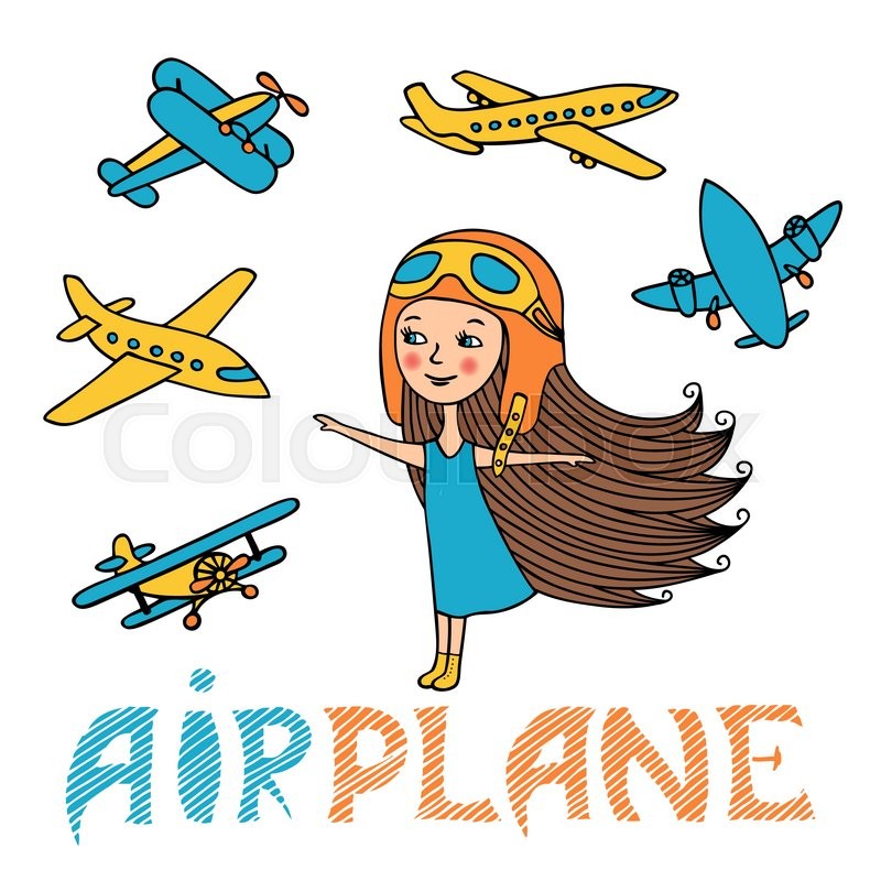 800x800 The Airplanes And Child Is Hand Drawn. Girl In Retro Hat Airline
