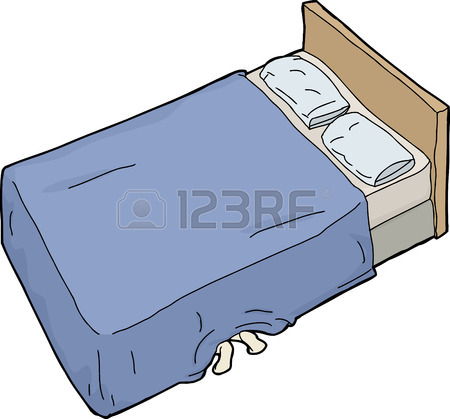 450x419 Hand Drawn Cartoon Of Nervous Man With Feet Under Bed Royalty Free