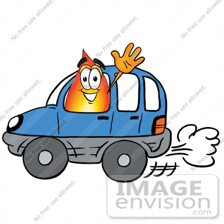 450x450 Clip Art Graphic Of A Fire Cartoon Character Driving A Blue Car