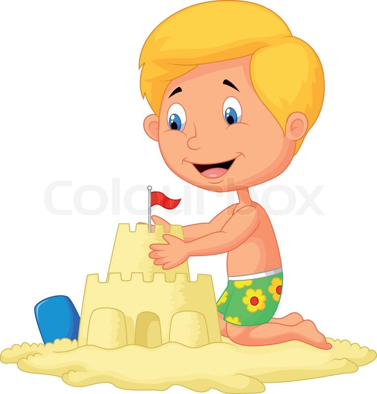 766x800 Vector Illustration Of Cartoon Boy Making Sand Castle Stock