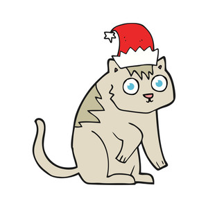 300x300 Freehand Drawn Black And White Cartoon Cat In Christmas Hat