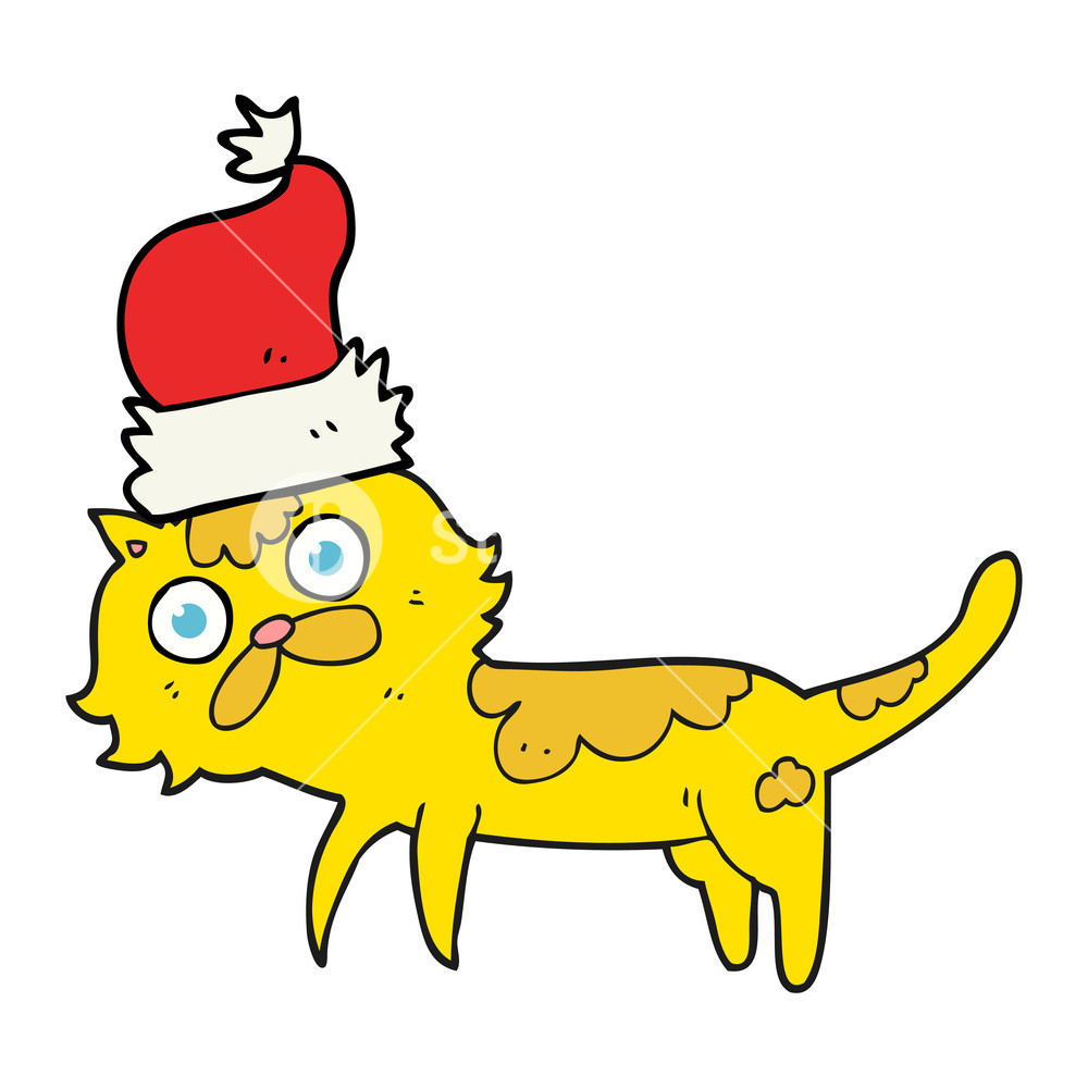 1000x1000 Freehand Drawn Cartoon Cat Wearing Christmas Hat Royalty Free