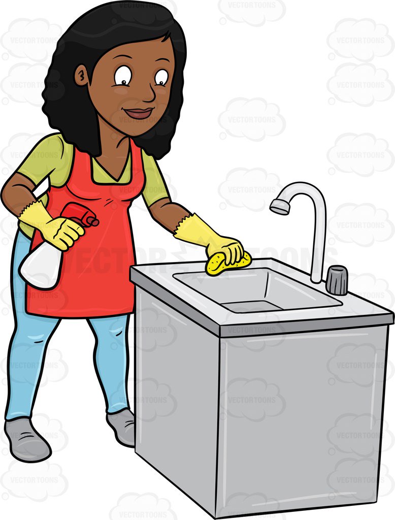 778x1024 A Black Woman Trying To Polish A Kitchen Sink Cartoon Clipart
