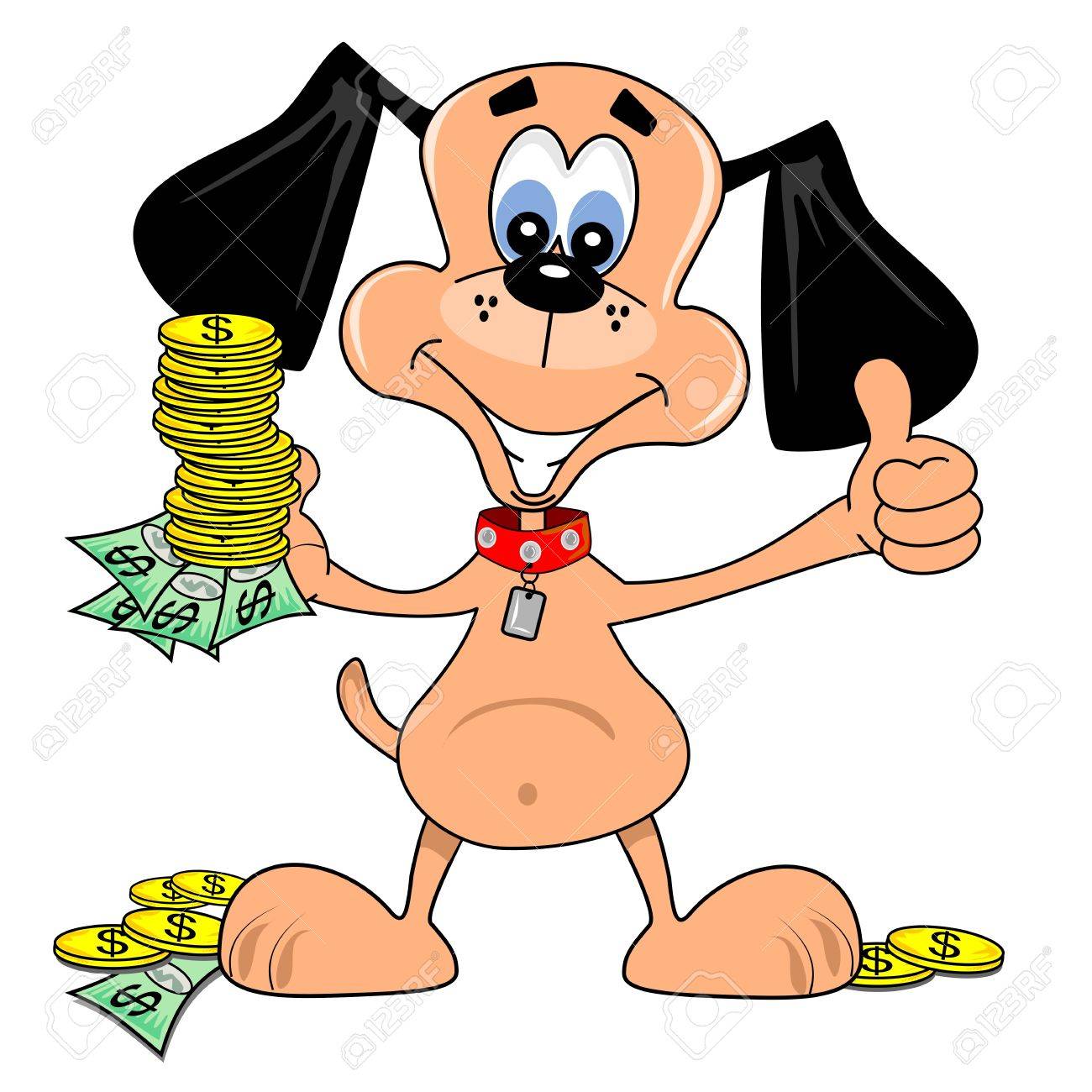 1300x1300 A Cartoon Dog With Loads Of Dollars Coins And Notes Royalty Free