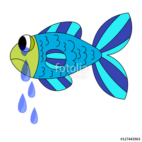 500x500 Crying Cartoon Fish. Dropping The Tears From Fish's Eyes. Sad Blue