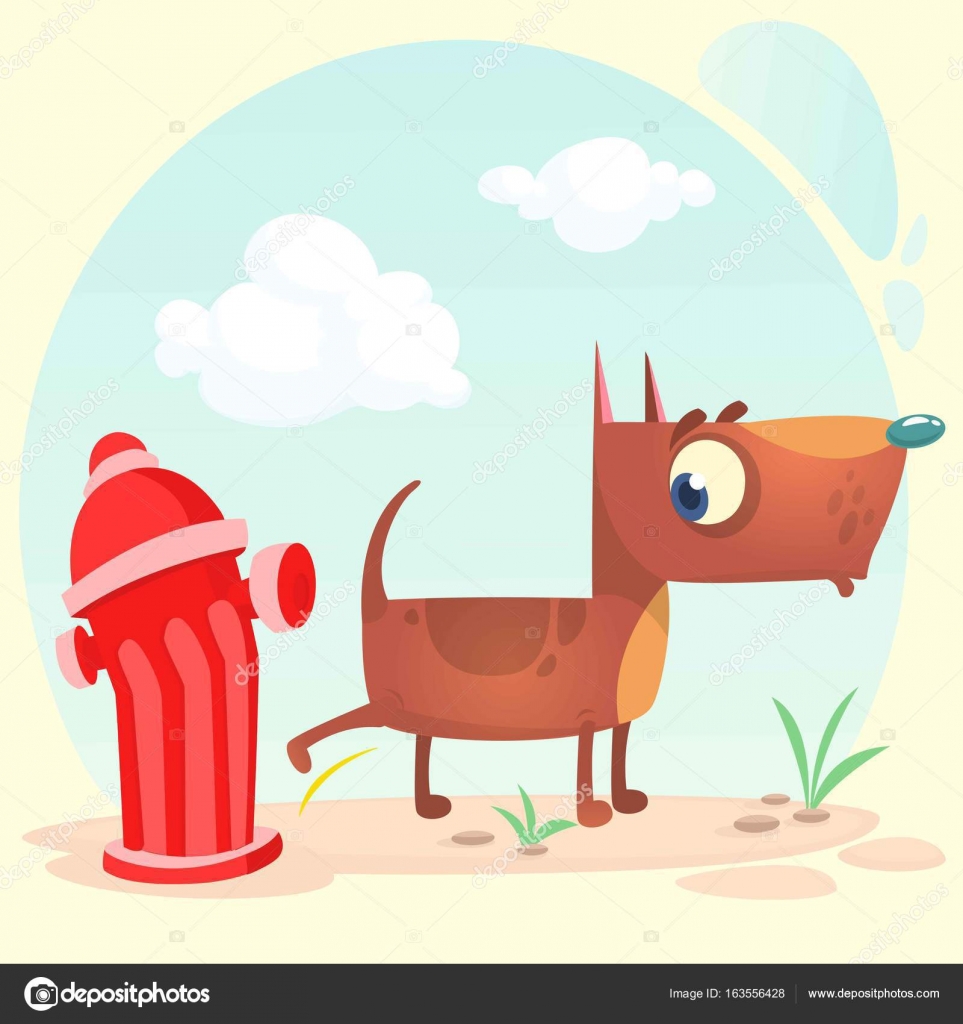 963x1024 Cartoon Funny Brown Pitbull Dog Pees On Hydrant. Vector