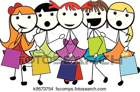 450x296 Clipart Of Cartoon Stick Shopping Girls K9573754