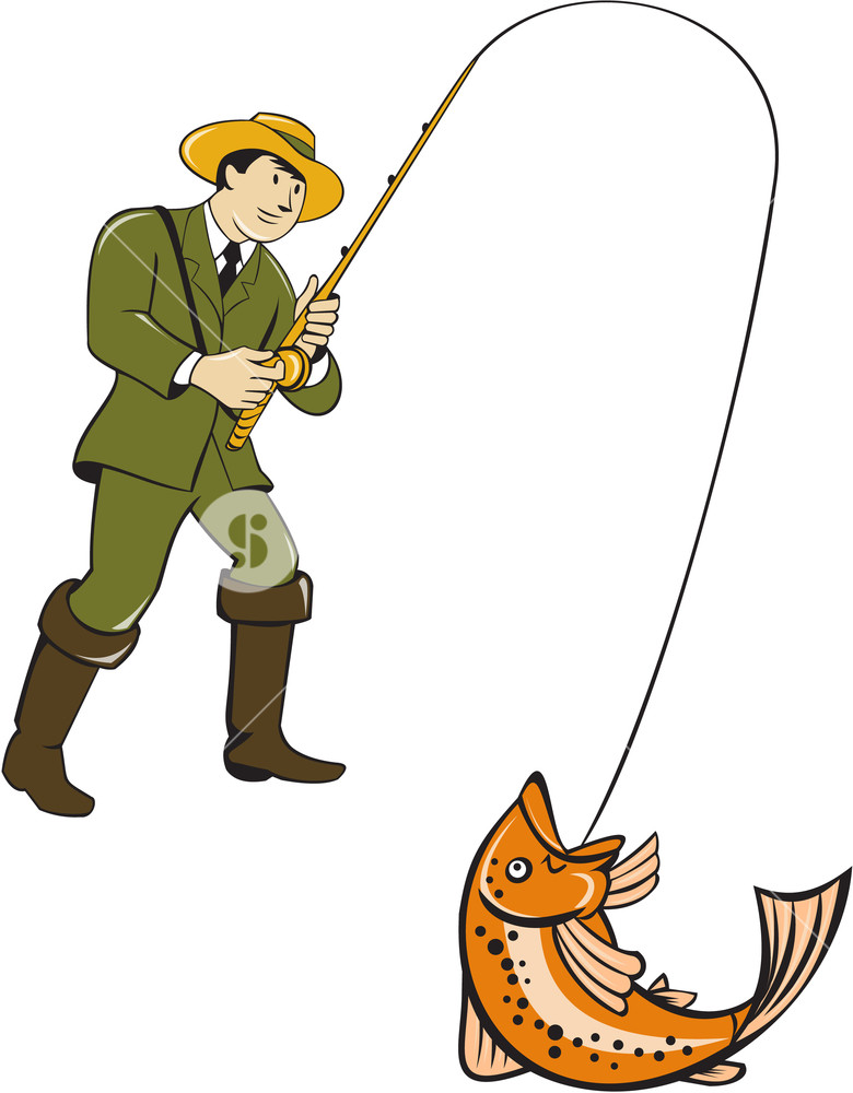 780x1000 Illustration Of A Trout Rainbow Fish Holding Fishing Rod Reel