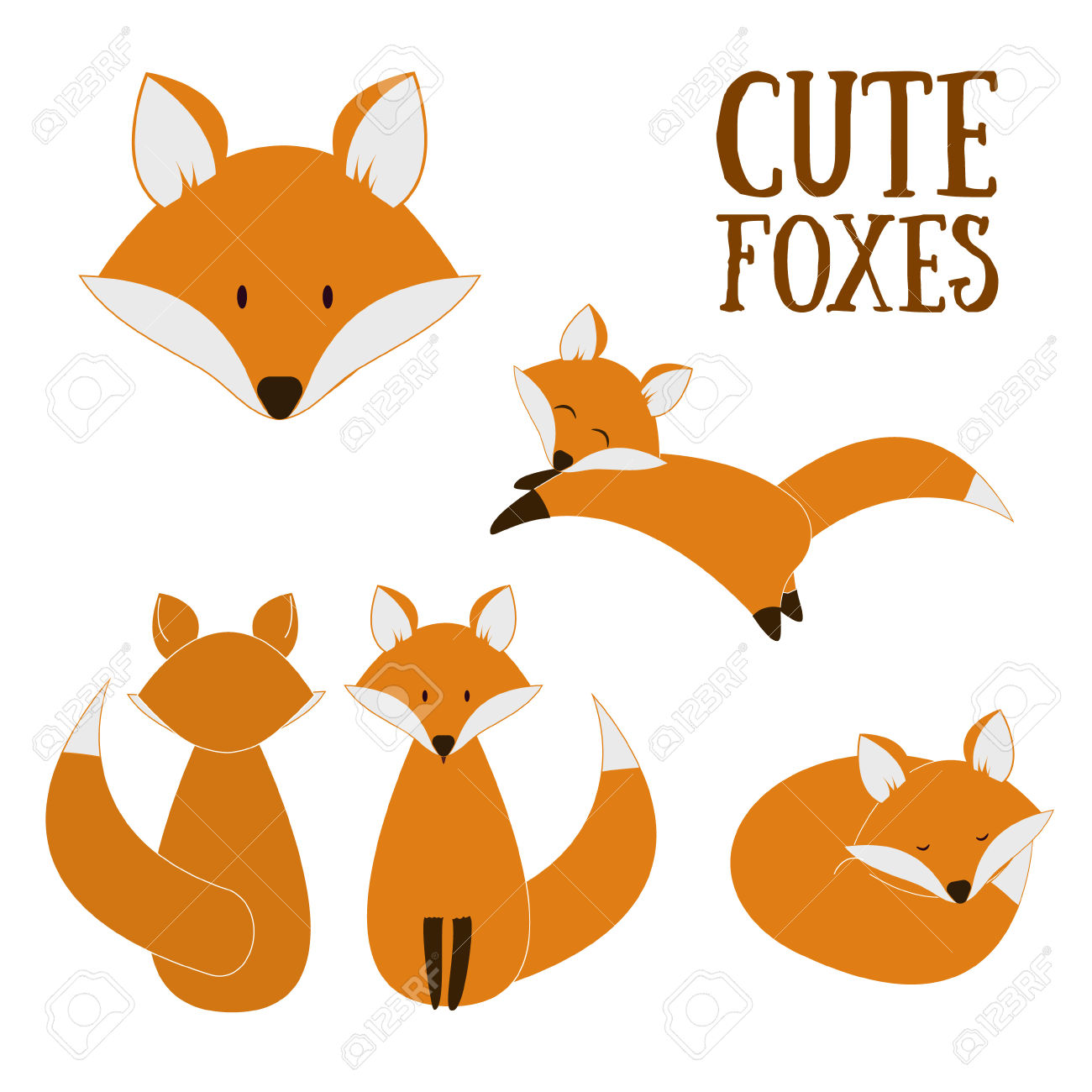 1300x1300 Set Of Cute Foxes. Vector Cartoon Fox Isolated On White. Sitting