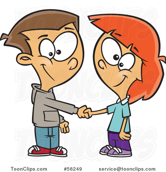 581x600 Cartoon White Boy And Girl Shaking Hands On A Deal Or Friendship