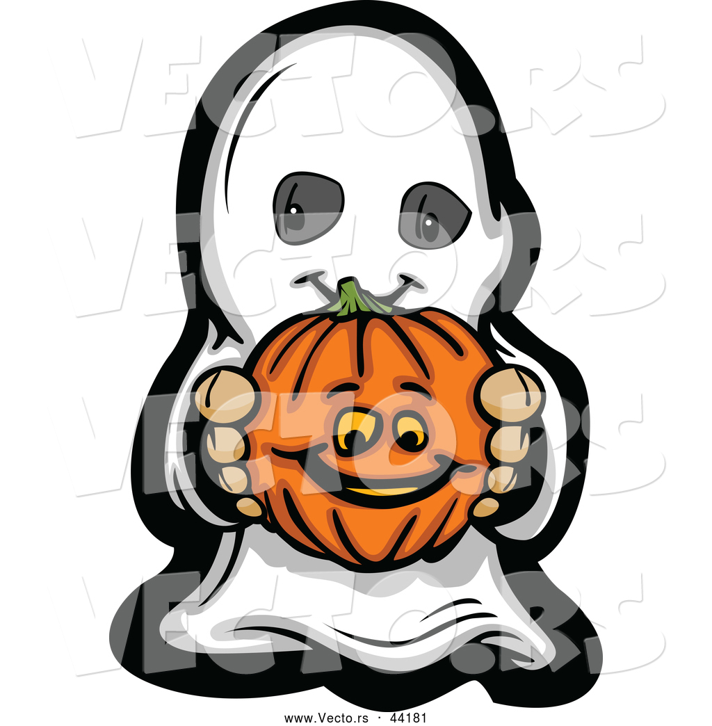 1024x1044 Vector Of A Cartoon Kid Ghost Holding A Pumpkin By Chromaco