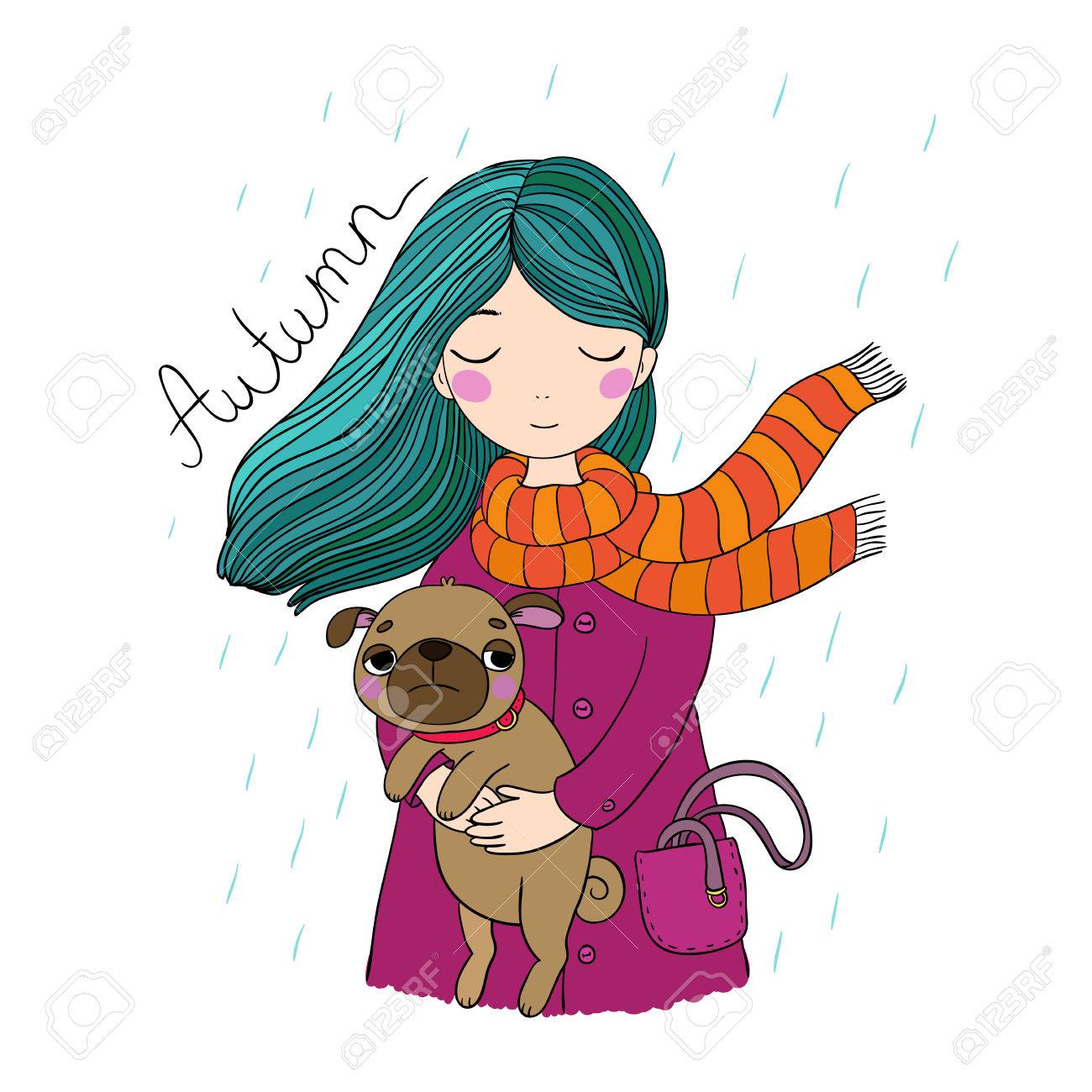 1300x1300 Beautiful Cartoon Girl And Pug. Cute Dog. Autumn Theme. Hand