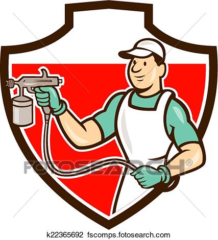 427x470 Clipart Of Painter Spray Gun Spraying Shield Cartoon K22365692