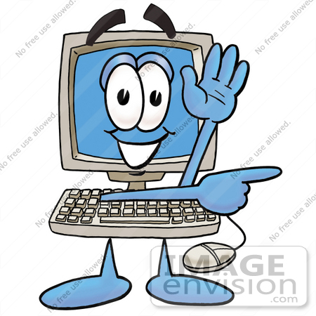 450x450 Clip Art Graphic Of A Desktop Computer Cartoon Character Waving