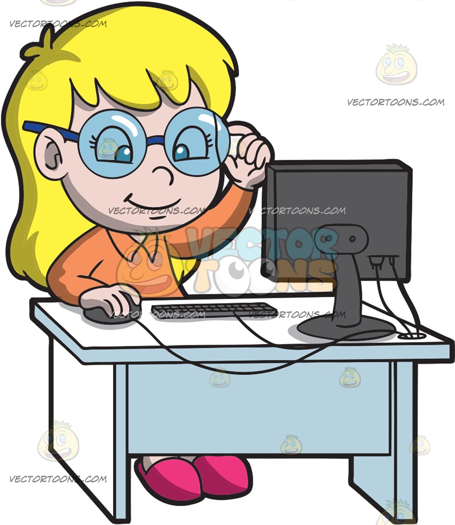 888x1024 A Young Smart Girl Using The Desktop Computer For Research Cartoon