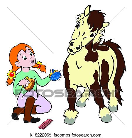 450x470 Clipart Of Cartoon Girl Grooming Pony K18222065