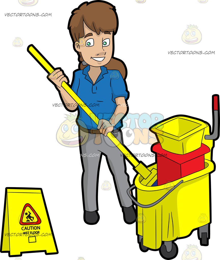 866x1024 A Female Janitor Wringing Out A Mop Cartoon Clipart