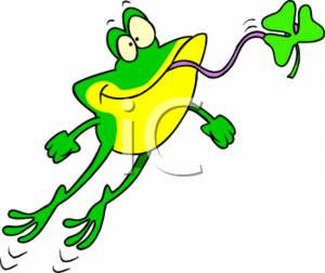 300x252 Cartoon Clipart Picture Of A Wacky Frog Catching A Clover