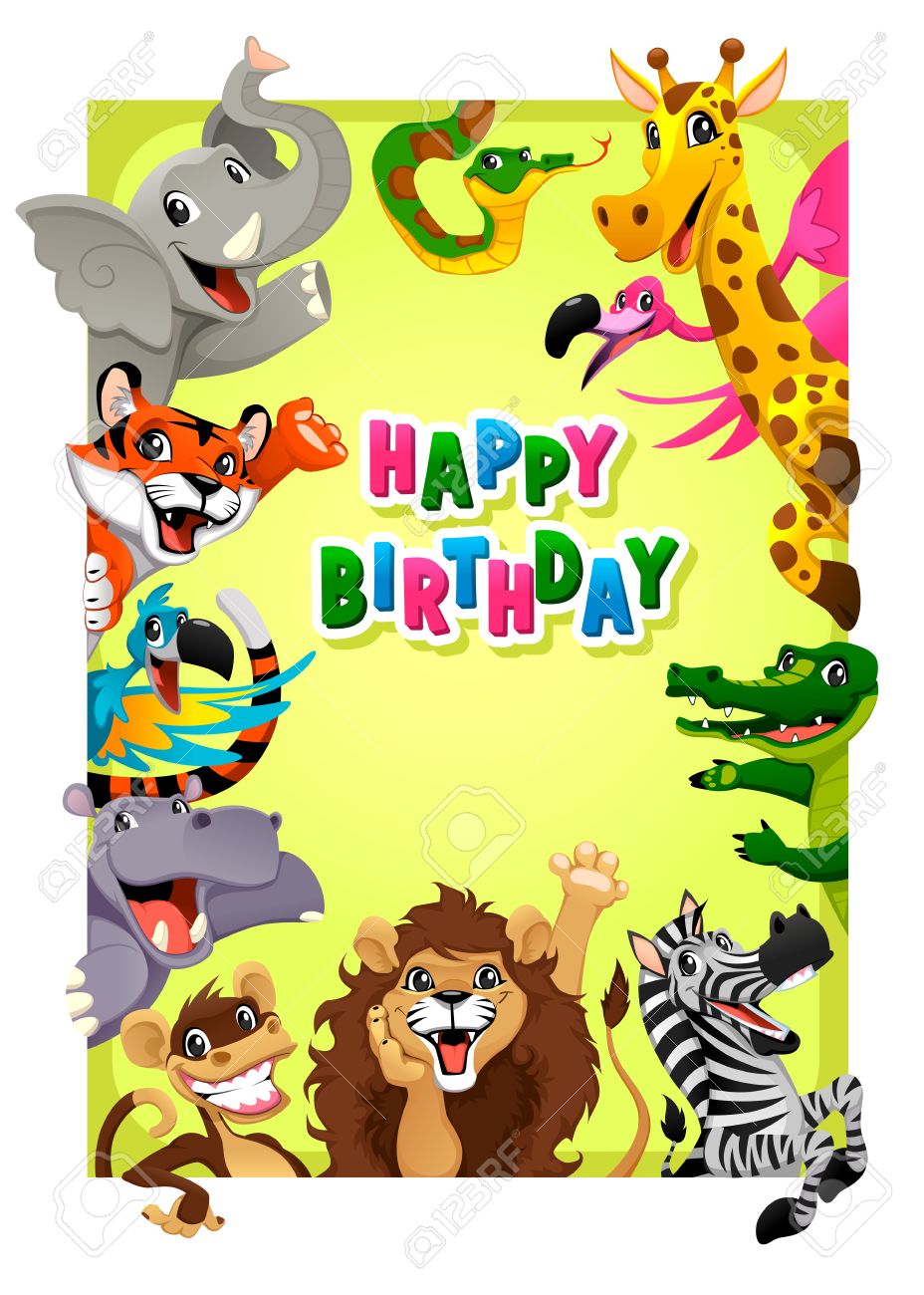 928x1300 Happy Birthday Card With Jungle Animals. Cartoon Vector