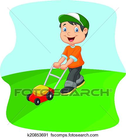 430x470 Clipart Of Young Man Cartoon Cutting Grass Wit K20853691
