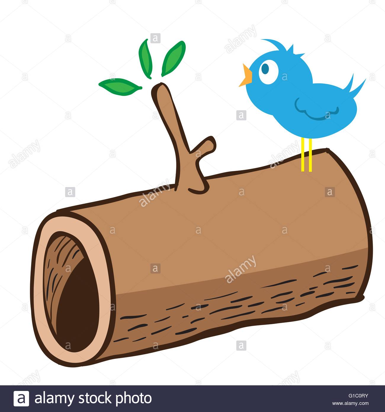 1300x1390 Cartoon Illustration Of Wood Log And A Bird Singing On It Stock