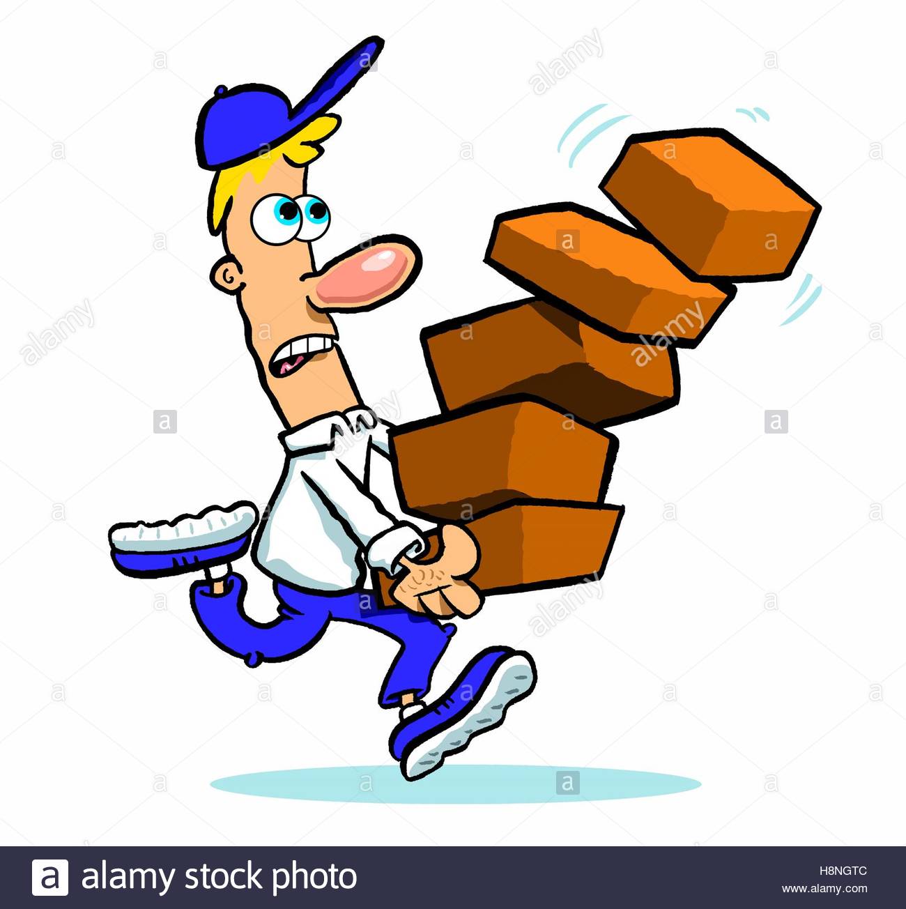 1300x1304 Cartoon Man Running With Stack Of Falling Bricks Or Boxes Stock