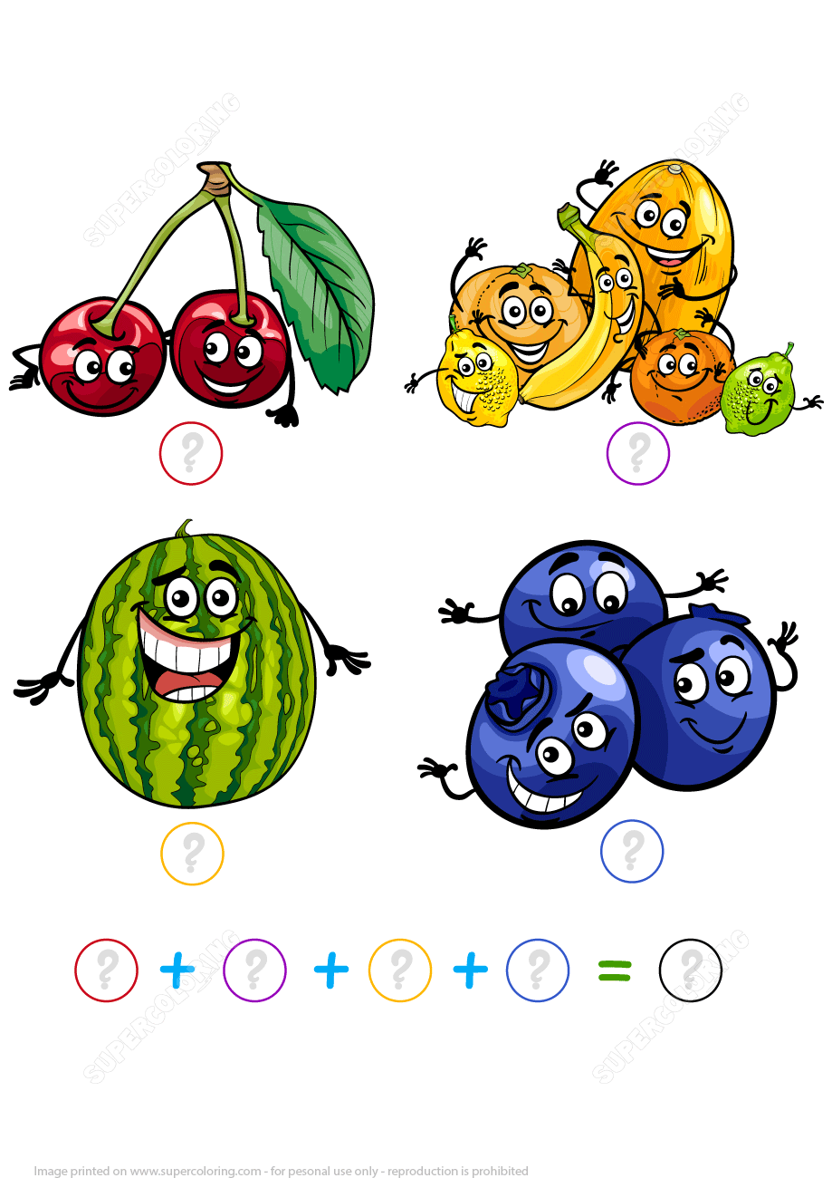 919x1300 Counting And Addition Math Puzzle Worksheet With Cartoon Fruits