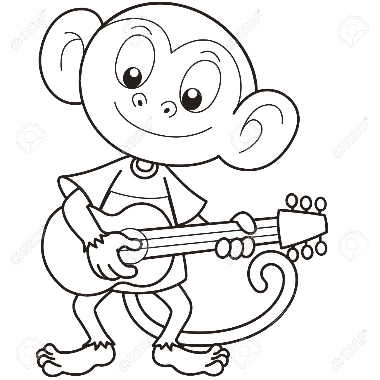 1300x1300 Cartoon Monkey Playing A Guitar Black And White Royalty Free
