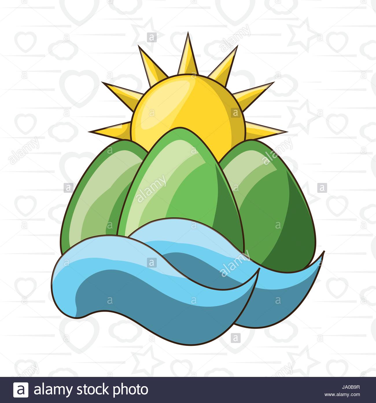 1300x1390 Beautiful Cartoon Landscape Sun Mountain And River Stock Vector