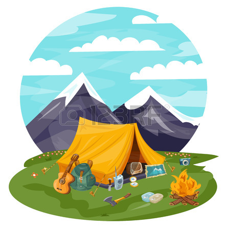 450x450 Camping Cartoon Vector Illustration. Tourist Tent In Mountains