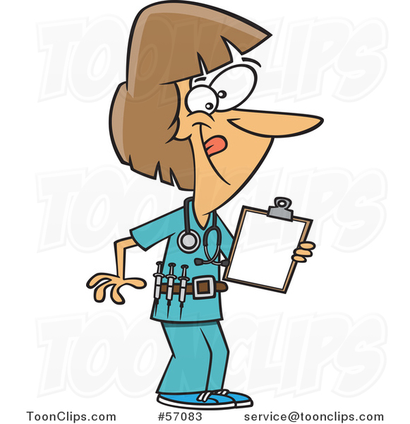 581x600 Cartoon Energetic White Female Nurse Holding Medical Chart On