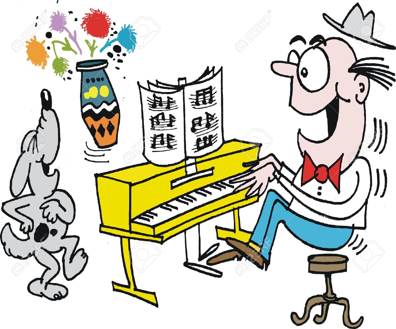 1300x1080 Vector Cartoon Of Man Playing Piano With Dog Singing Royalty Free
